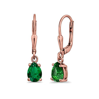 Teardrop Bridal Dangling Leverback Earrings Pear Cubic Zirconia 925 Sterling Silver - color: Rose Tone, Simulated Green Emerald CZ