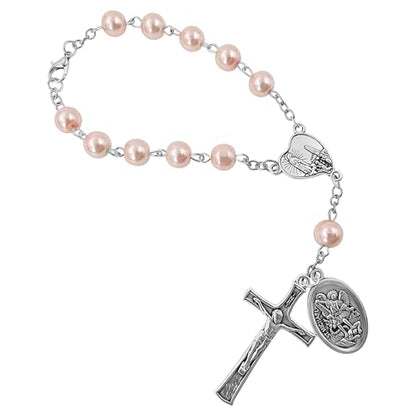 TALISMAN4U St. Michael Guardian Angel Medal Rosary for Car Rearview Mirror - color: Pink Rosary Beads