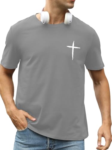 Mens Short Sleeve Cotton T-Shirts Crew Neck Jesus Cross Printed Shirts Faith Christ Shirts - color: Grey, size: Small