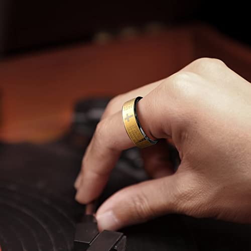 King Will Stainless Steel Men Ring Lord's Prayer Cross Ring Stainless Steel Men Wedding Ring, Wedding Band Bible Engraved Rings High Polished, Comfort Fit - color: gold polish