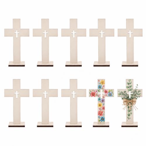 Wooden Crosses for Crafts: 10 Pack Unfinished Wood - DIY Blank Crosses with Stands Small Religious Crucifix Ornaments Catholic Baptism Centerpiece DIY Craft Supplies