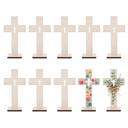 Wooden Crosses for Crafts: 10 Pack Unfinished Wood - DIY Blank Crosses with Stands Small Religious Crucifix Ornaments Catholic Baptism Centerpiece DIY Craft Supplies