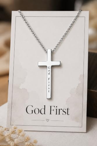 Engraved Cross Necklace for Men, Women & Boys & Girls Cross Necklace, Stainless Steel Cross Pendant Necklace, Faith & Inspiration Christian Jewelry Gift - color: God First