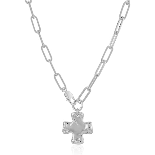 Chunky Cross Necklace for Women, 14K Gold Silver Pendant Necklace - color: White Gold-Lobster Clasp-1 inch pendant