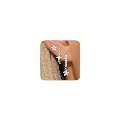 Angelady Gold Hoop Earrings Set for Women, Dainty 14K Gold Plated Flower Moon Cross Dangle Earrings, Hypoallergenic Huggie Hoop Earring Stacks, Stud Earrings for Women Trendy Jewelry Gift - color: Silver,Flower Earrings