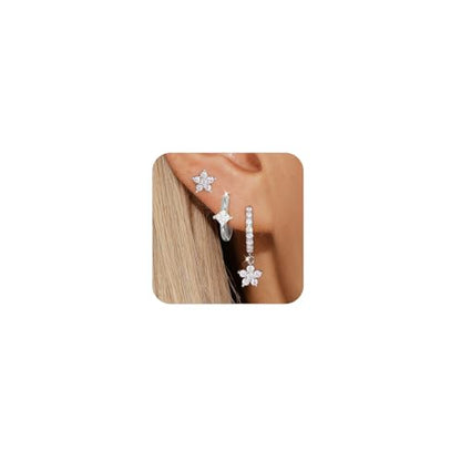 Angelady Gold Hoop Earrings Set for Women, Dainty 14K Gold Plated Flower Moon Cross Dangle Earrings, Hypoallergenic Huggie Hoop Earring Stacks, Stud Earrings for Women Trendy Jewelry Gift - color: Silver,Flower Earrings