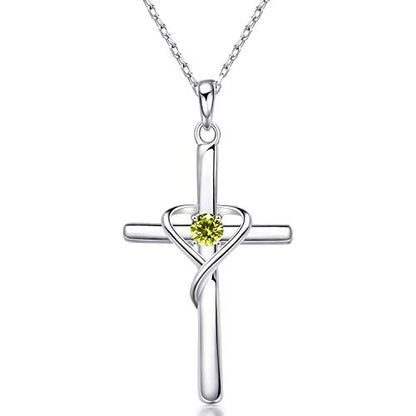 AmorAime 925 Sterling Silver Cross Necklace for Women Men 14K Gold Plated 5A CZ Birthstone Necklaces for Holiday - color: H.Green-August-Peridot