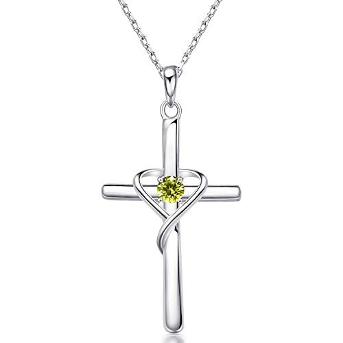AmorAime 925 Sterling Silver Cross Necklace for Women Men 14K Gold Plated 5A CZ Birthstone Necklaces for Holiday - color: H.Green-August-Peridot