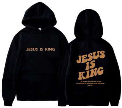 PANOZON JESUS IS KING Hoodie Christian Faith Religious God Tops Man Woman Pullover Sweatshirt Longsleeve - color: 1-black, size: Large