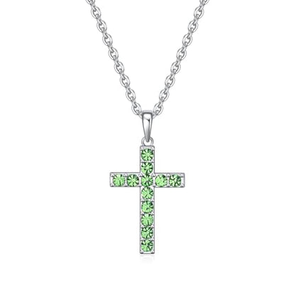 Birthstone Cross Necklace for Women,First Communion Gifts Easter Baptism Cross Jewelry Pendant Gift - color: 08August-Peridot Green