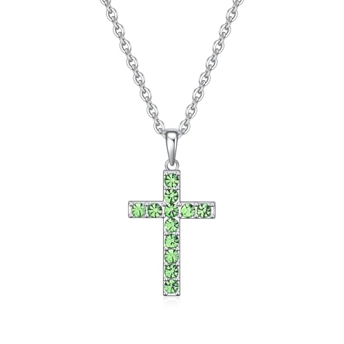 Birthstone Cross Necklace for Women,First Communion Gifts Easter Baptism Cross Jewelry Pendant Gift - color: 08August-Peridot Green