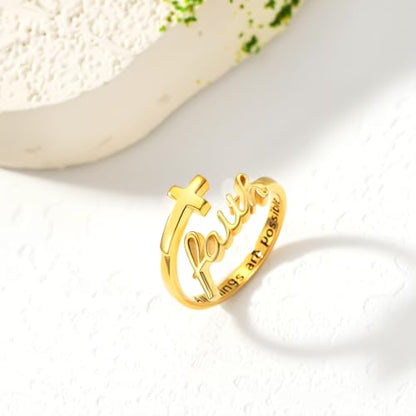 Cross Rings Faith Ring 925 Sterling Silver Adjustable Cross Wrap Ring Christian Fashion Band for Women - color: A-Yellow Gold