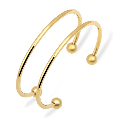 Stainless Steel Simple Cuff Bangle Bracelets for Women Gold/Silver/Rose Gold Plated Torque Bangles 3mm Stacking Open Cuff Bangles 2 Pcs/lot Gifts Jewelry for Women Men (Inner=60mm) - color: Gold tone, size: Inner Dia=65mm