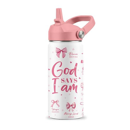 Christian Gifts, Pink Bow Water Bottle with Straw Lid, 16 oz Insulated Stainless Steel, Christian Cups Gifts for Birthday Christmas - color: Christian