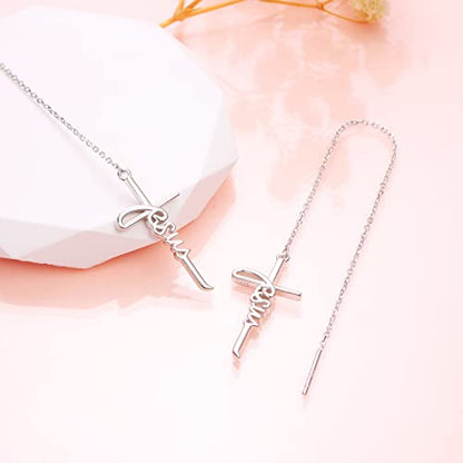 925 Sterling Silver Infinity Love of God Simple Dainty Faith Cross Dangle Earrings Religious Gift for Women - color: Jesus Chain
