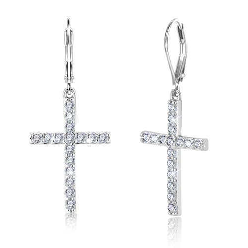 Silver Cross Dangle Earrings for Women 14K Gold Cross Dangle Earrings - color: Silver