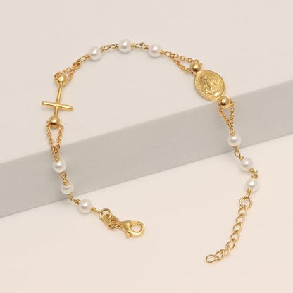 LeCalla 925 Sterling Silver Mother Mary Collection | Lightweight Religious Bracelet Jewelry Rosary Mother Mary Cross Bracelet's for Women - color: Pearl Rosary Cross