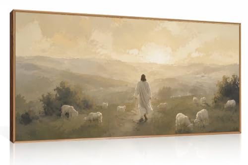 HLNIUC Vintage Jesus Lamb Framed Canvas Wall Art,Abstract Christian Bible Horizontal Wall Decor,Religious Sunset Artwork(40x20),Large Texture Nature Landscape Prints for Living Room,Bedroom,Church - color: Jesus Sheep, size: 40"L x 20"W