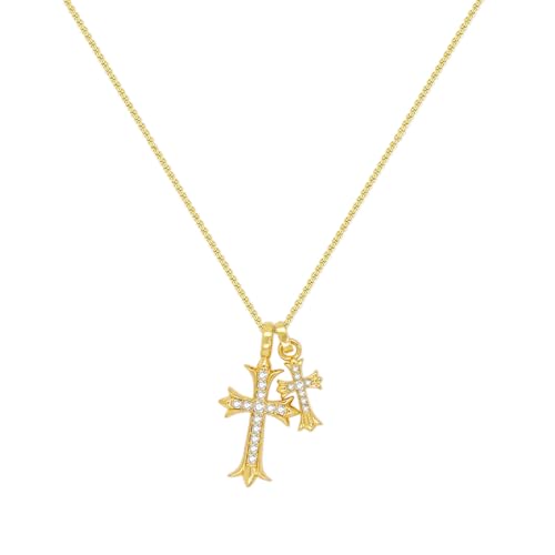 Zeffy Cross Necklace for Women,18K Gold/Silver Plated Tiny Cubic Zirconia Cross Pendant Necklace for Women Simple Layered Cross Necklaces for Women - color: Gold CZ Double Cross