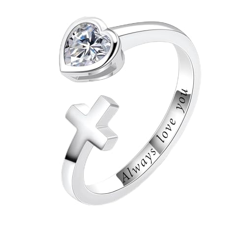 Adjustable Cross Ring for Women 925 Sterling Silver Fine Jewelry Gift for Her, Inspiration Christian Ring Faith Hope Love Cross Ring, Birthstone Ring - color: 04-Apr