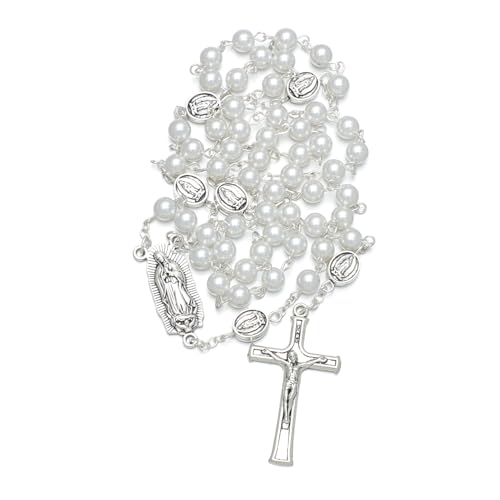 KOMI 6mm Glass Pearl Rosary Beads Catholic for Women with Metal Rosary Box Religious Gifts - style: Guadalupe-white