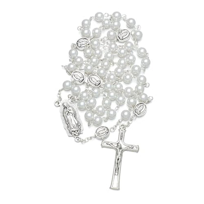 KOMI 6mm Glass Pearl Rosary Beads Catholic for Women with Metal Rosary Box Religious Gifts - style: Guadalupe-white