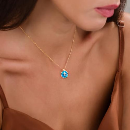 Gold Enamel Mini Cross Necklace Tiny Mother of Pearl Cross Necklace Religious Christian Gift for Baptism First Communion Christmas - color: Medium Opal cross(13mm)-blue