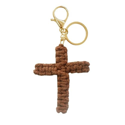 Pingyongchang Handmade Weave Cross Keychain Boho Macrame Jesus Christian Charm Keychain for Women Men - color: Brown