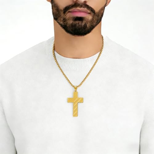 American Flag Cross Necklace for Men, Christian Confirmation Baptism Gifts - color: Gold, style: Joshua 1:9