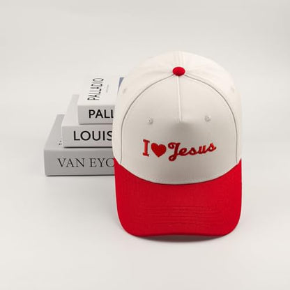 Embroidered Christian Two-Tone Baseball Cap for Men & Women, Adjustable Dad Hat Christmas Easter Gift - color: I Love Jesus Heart, Red/Beige