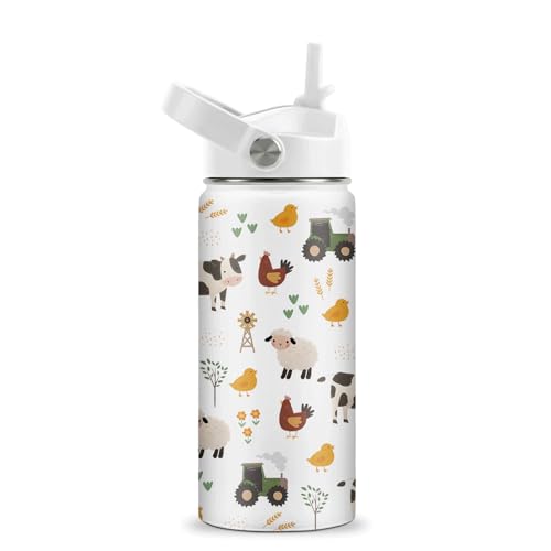 Farm Animals Water Bottle - Animals 16oz Stainless Steel Water Bottle with Straw - Cute Animal Insulated Cup for Girls Boys - Fun Farm Kids Tumbler for School, Sports, Travel - color: Farm Animal01, size: 16 Ounces