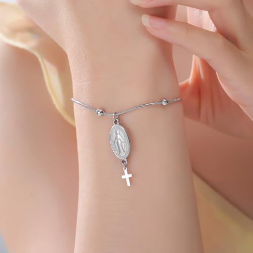 VASSAGO Virgin Mary Bracelet for Women Men Double-Sided Virgen de Guadalupe Rosary Bracelet Medal Handmade Braided Rope Catholic Christian Religious Jewelry Gift - color: Silver 13