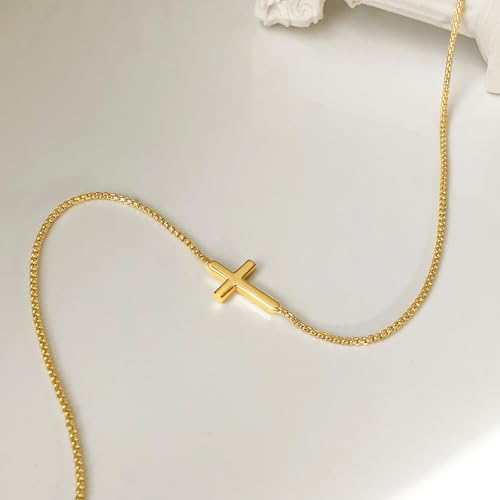Airmb Cross Necklace for Women Choker 14K Gold/925 Silver Plated Dainty Choker Small Cross Pendant Trendy Cute Cross Charm Delicate Necklace Hypoallergenic Faith Jewelry Religious Gifts for Women - color: Sideways Cross-Gold Plated
