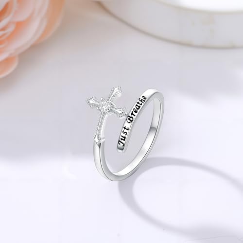 ROMANTICWORK Just Breathe Ring 925 Sterling Silver Cross/Lotus/Dandelion Adjustable Opening Ring Inspirational Jewelry for Women Birthday Christmas Gifts - style: Cross