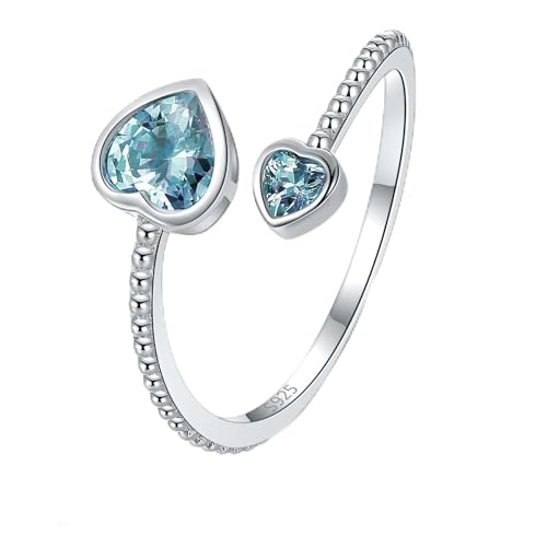 Step Forward 925 Sterling Silver Birthstone Rings for Women - Adjustable Open Heart Ring Constellation Month Band for Her Birthday Gifts Jewelry - color: March