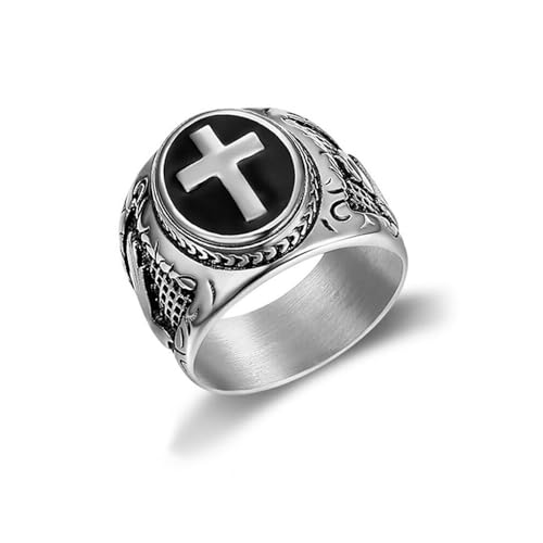 Vintage Men Ring Stainless Steel Religious Prayer Holy Cross Ring with Black Enamel Christian Jewelry Size8-12 - color: Silver Cross Ring, size: 12