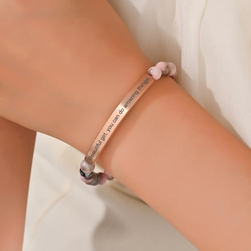 Inspirational Bracelets for Women,18K Gold Plated Christian Bible Verse Faith Jewelry, Religious Jesus Prayer Gift for Mom, Sister, Friend - color: Beautiful g, you can do amazing things.-Pink Zebra Jasper-Rose Gold