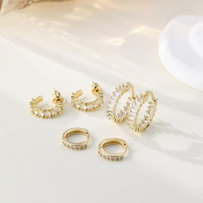 Rotnso Gold Hoop Earrings Set for Women Hypoallergenic Trendy Huggie Stack - style: 3 Pairs CZ Hoops-GD