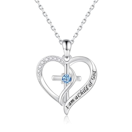 925 Sterling Silver I Am a Child of God Scripture Pendant with Birthstone Heart Cross Communion Necklace for Women Christian Faith Jewelry Gift - color: December