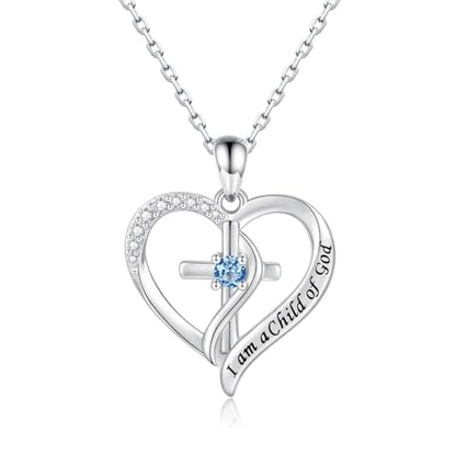 925 Sterling Silver I Am a Child of God Scripture Pendant with Birthstone Heart Cross Communion Necklace for Women Christian Faith Jewelry Gift - color: December