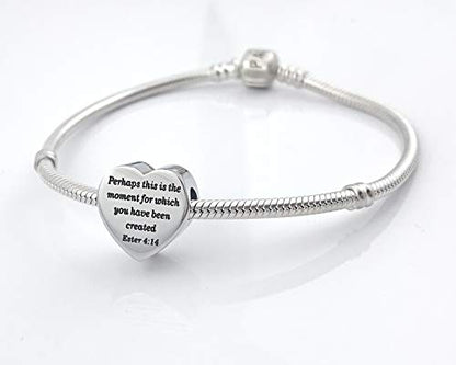 Heart Charm Fit Pandora Charms Bracelet Christian Bible Verse Charm Prayer Faith Religious Charms Gifts for Women - style: Perhaps this is the moment for which you have been created Ester 4:14