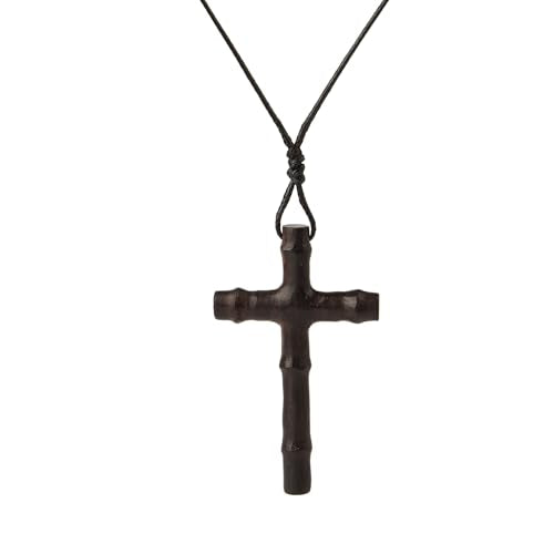 Men's Wooden Cross Necklace Real Handcrafted Ebony Wood Cross Pendants With Leather Necklaces Men's Black Cross Necklaces Christian Baptism Crucifix Pendant for Men(bamboo grain