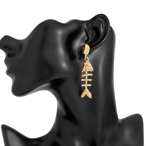 Fish Dangle Earrings for Women Gothic Grunge Y2K Punk Drop Earrings Danity Gold Silver Fish Bone Stud Earring Jewelry Gift for Women