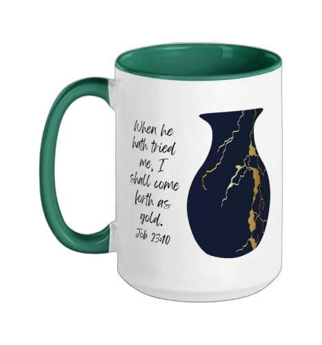 Bible Verse Jesus Christ Kintsugi Vase Gold Job Christian Ceramic Mug, Dark Green/White, 15oz - color: Dark Green/White, size: 15 Ounces