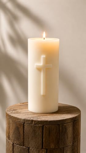 Large Cross Pillar Candle 9x4 Inch | Handmade Beeswax & Soy Wax Candle | Unscented Christian Prayer Candle | Religious Home Decor | Church, Altar & Memorial Candle | 90 Hour Burn Time