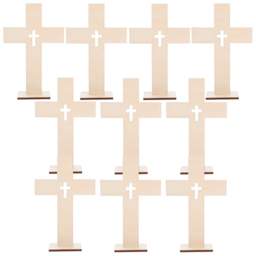 Veemoon Wood Crosses with Stand for Crafts, 10Pieces Blanks Diy Cross Decor Unfinished Catholic Baptism Craft Ornament Table Small Religious Crucifix Crosses for Easter Party Wedding First Communion