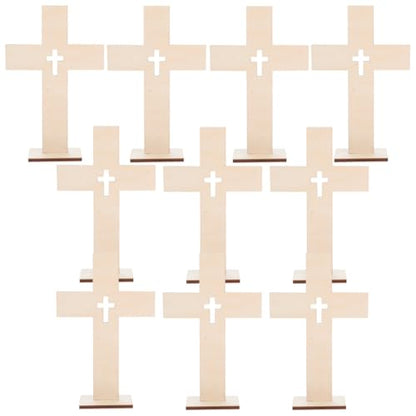 Veemoon Wood Crosses with Stand for Crafts, 10Pieces Blanks Diy Cross Decor Unfinished Catholic Baptism Craft Ornament Table Small Religious Crucifix Crosses for Easter Party Wedding First Communion
