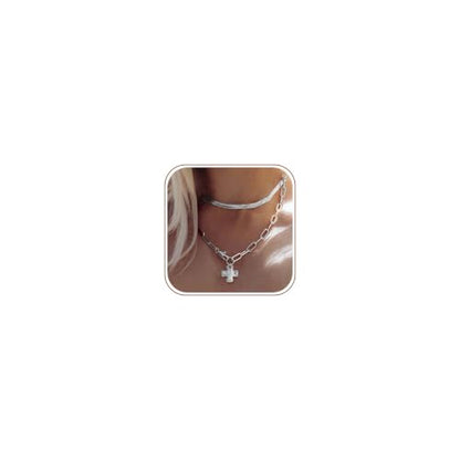 Bheop Chunky Cross Necklace for Women, 14K Gold Silver Statement Necklace - color: SL-2 PCS Set(0.8 inch Pendant)