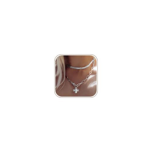 Bheop Chunky Cross Necklace for Women, 14K Gold Silver Statement Necklace - color: SL-2 PCS Set(0.8 inch Pendant)