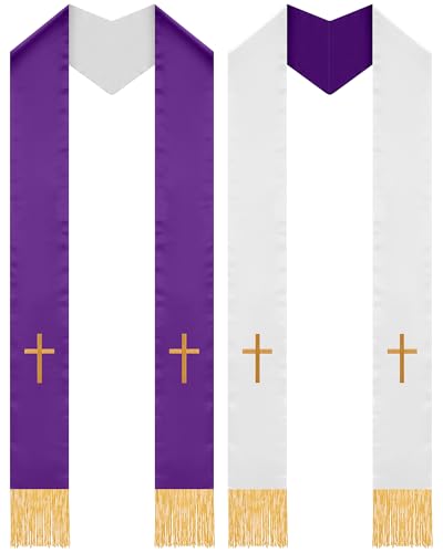 Eurzom 2 Pcs Reversible Clergy Stole with Cross Tassels - color: White,purple